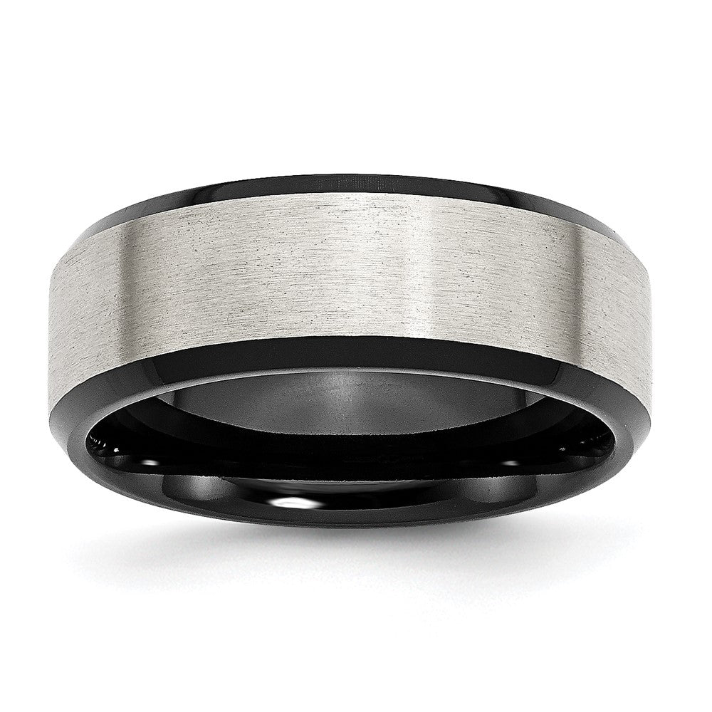 Stainless Steel Polished Black IP w/Brushed Center 8mm Beveled Edge Band Size - 7