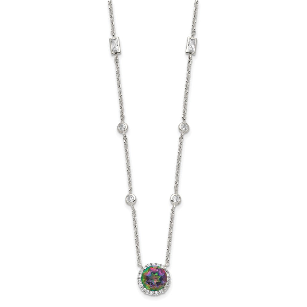 Sterling Silver RH-plated Dark Mystic CZ Halo Pendant on 10-Station Necklac 18 Inches