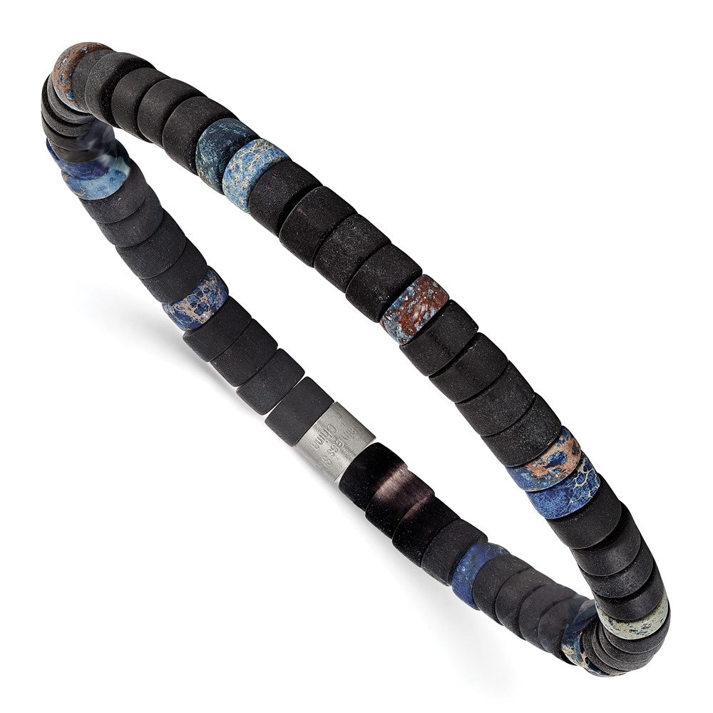 Stainless Steel Brushed Blue Sediment/Black Agate Stretch Bracelet