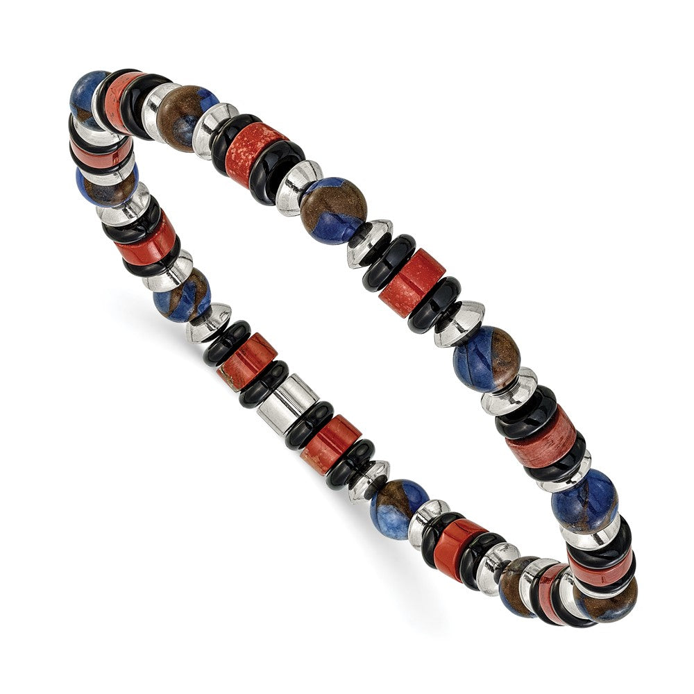 Chisel Stainless Steel Polished 6.50mm Blue Golden, Red Agate and Black Onyx Beaded 7.75 inch Stretch Bracelet