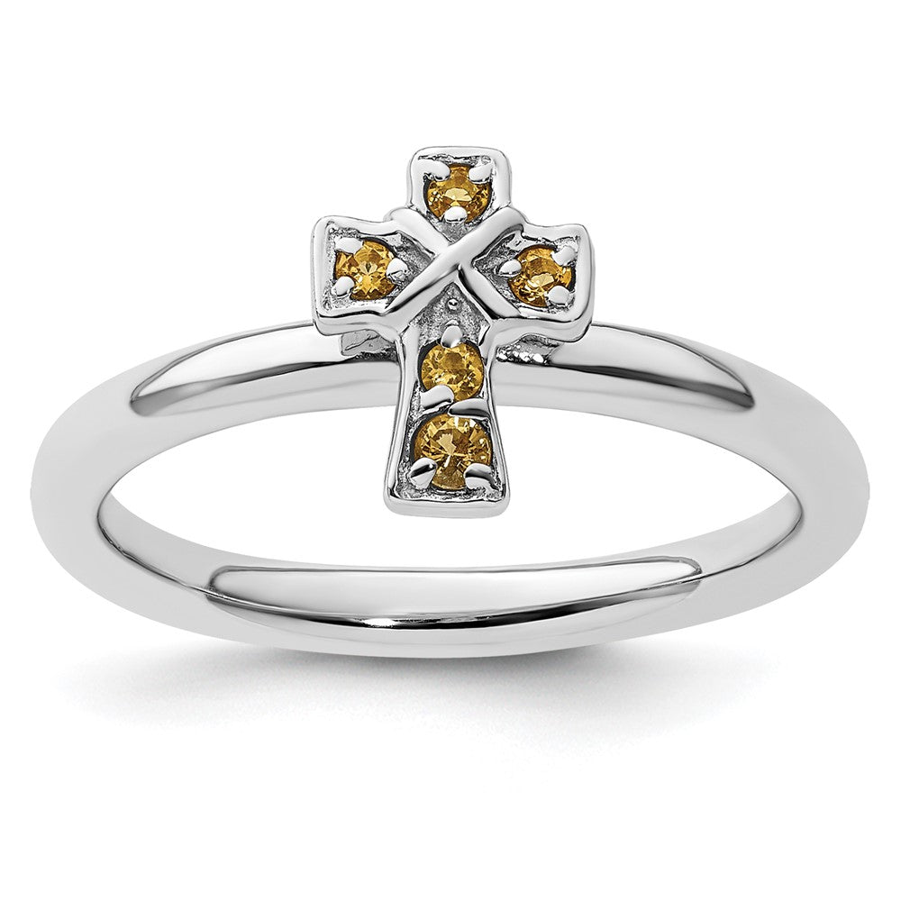 Sterling Silver Stackable Expressions Rhodium Citrine Cross Ring Size -5