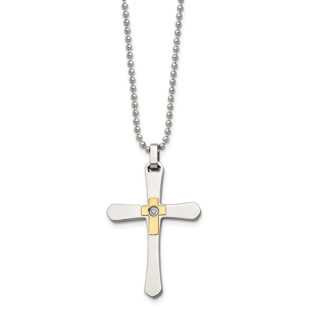 Stainless Steel Polished w/14k Accent 1/2pt Diamond Cross 22in Necklace