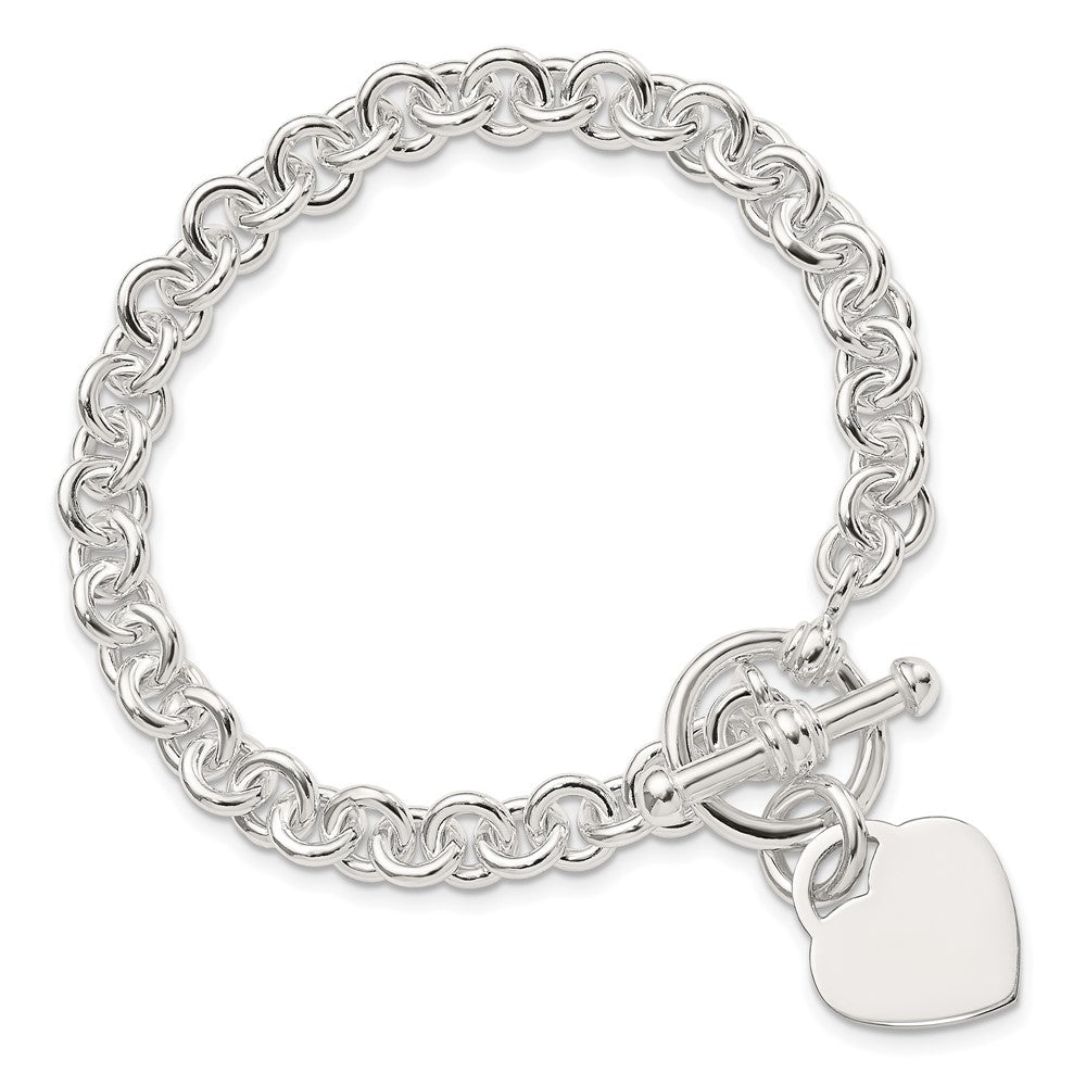 Sterling Silver Engraveable Heart Disc on Fancy Link Toggle Bracelet 7.75 inches