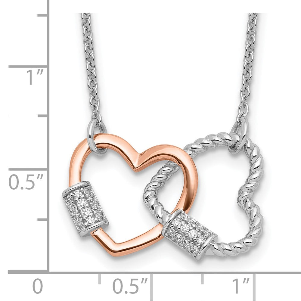 Sterling Silver Rh-plated Rose-tone Double Heart CZ w/2in ext Necklace 16 Inches