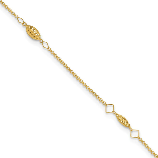 14K Circle Chain Diamond Cut Rice Puff Beads 10in Plus 1in Ext Anklet