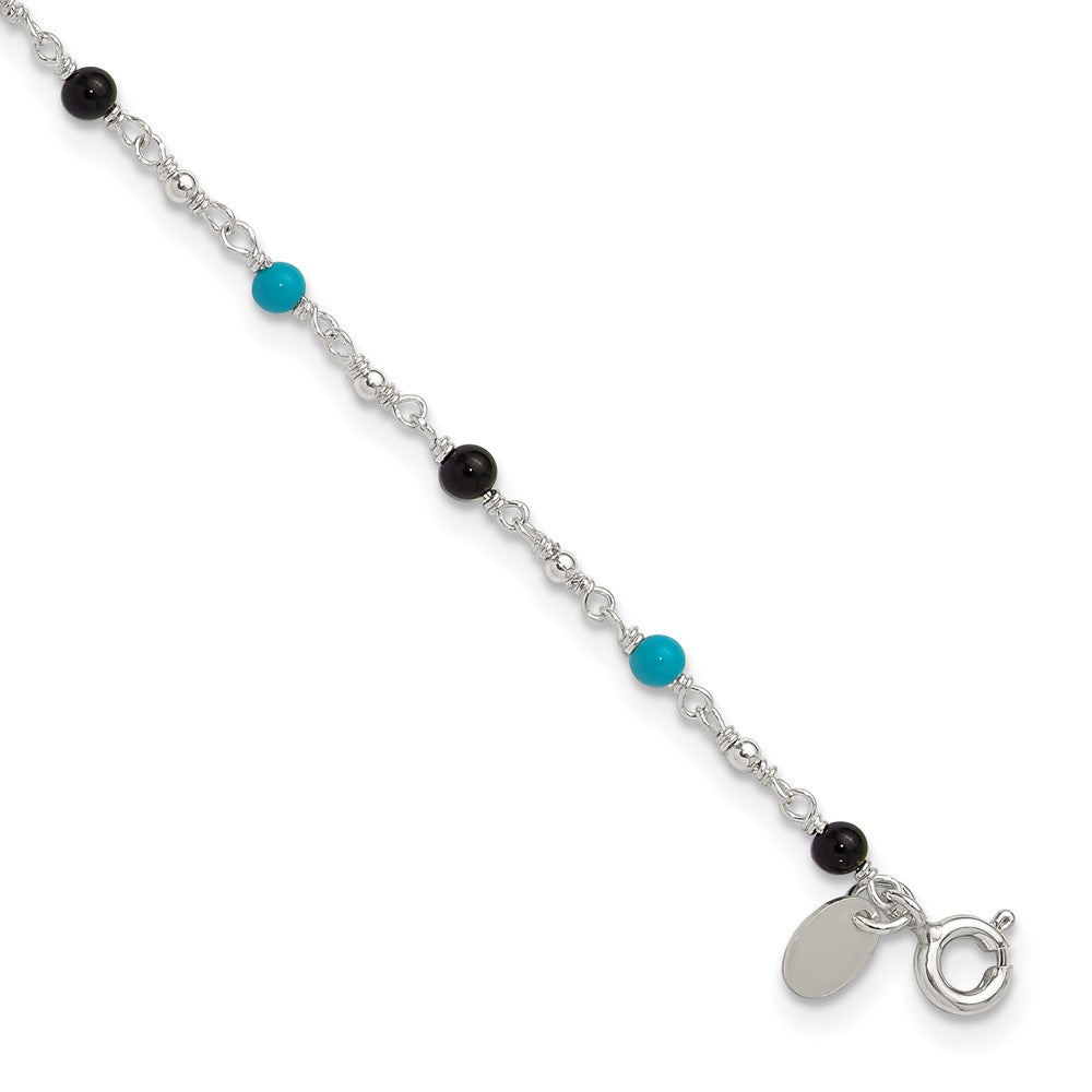 Sterling Silver Onyx/Turquoise Beads Anklet 10 inches
