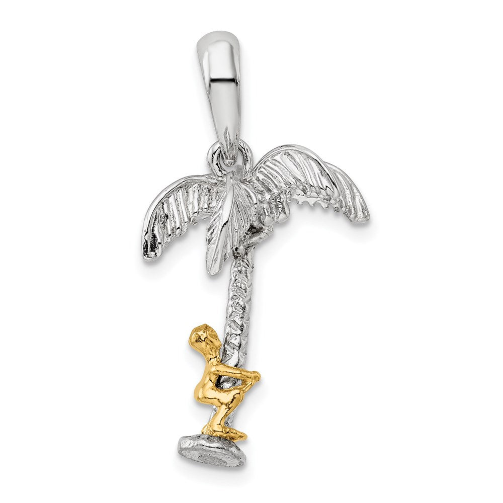 Sterling Silver Polish 3D Palm Tree w/14k Moving Climber Pendant