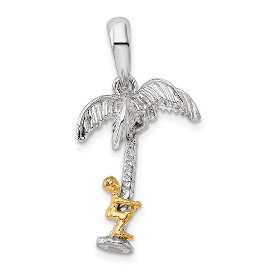 Sterling Silver Polish 3D Palm Tree w/14k Moving Climber Pendant