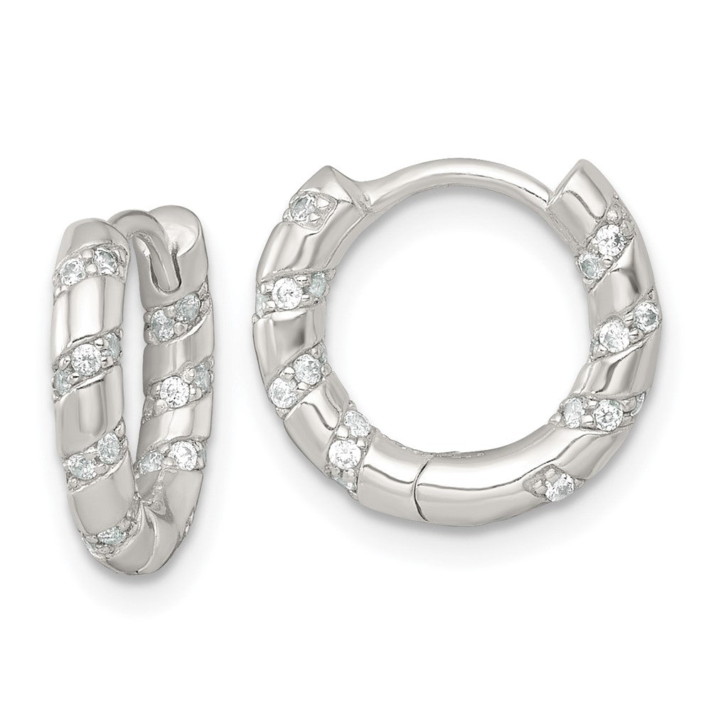 Sterling Silver Polished CZ Round Hinged Hoop Earrings