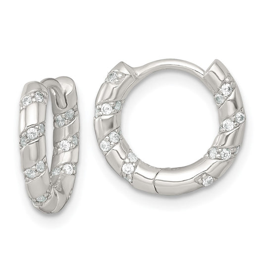 Sterling Silver Polished CZ Round Hinged Hoop Earrings