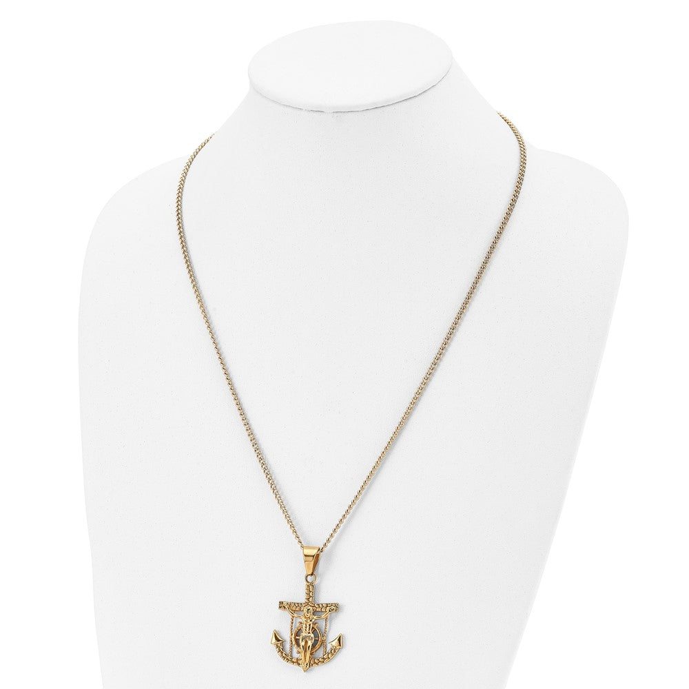 Stainless Steel Polished & Textured Yellow IP Mariner's Cross 24in Necklace