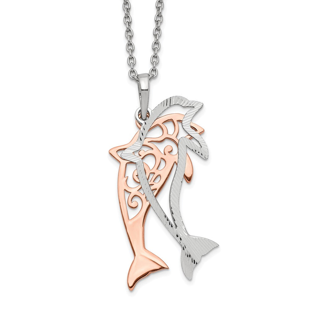 Sterling Silver Rose-tone Diamond-cut Dolphin w/ 2in ext. Necklace 16 Inches