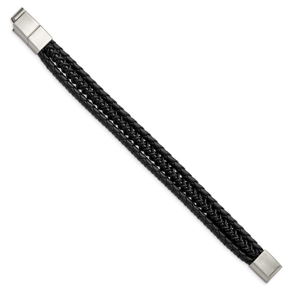 Stainless Steel Brushed & Polished Black IP Leather w/.5in ext Bracelet 8 inches