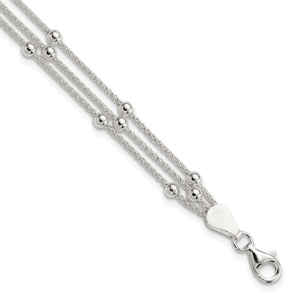 Sterling Silver Polished Beaded 3-strand Bracelet 7 inches