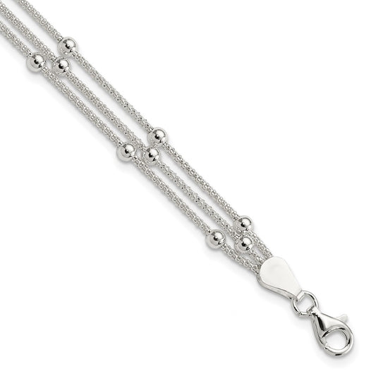 Sterling Silver Polished Beaded 3-strand Bracelet 7 inches