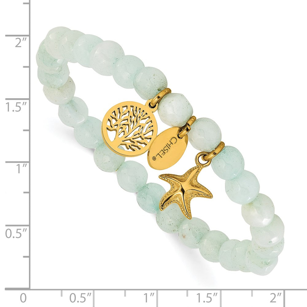 Chisel Stainless Steel Polished Yellow IP-plated Starfish and Tree of Life Dangles 6.5mm Amazon Stone Beaded 6.25 inch Stretch Bracelet