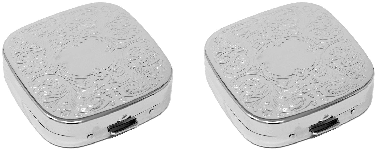 Set of 2 Square-Shaped Pocket Purse Pill Box With Mirror (Silver Etched Victorian Print - Engraveable)