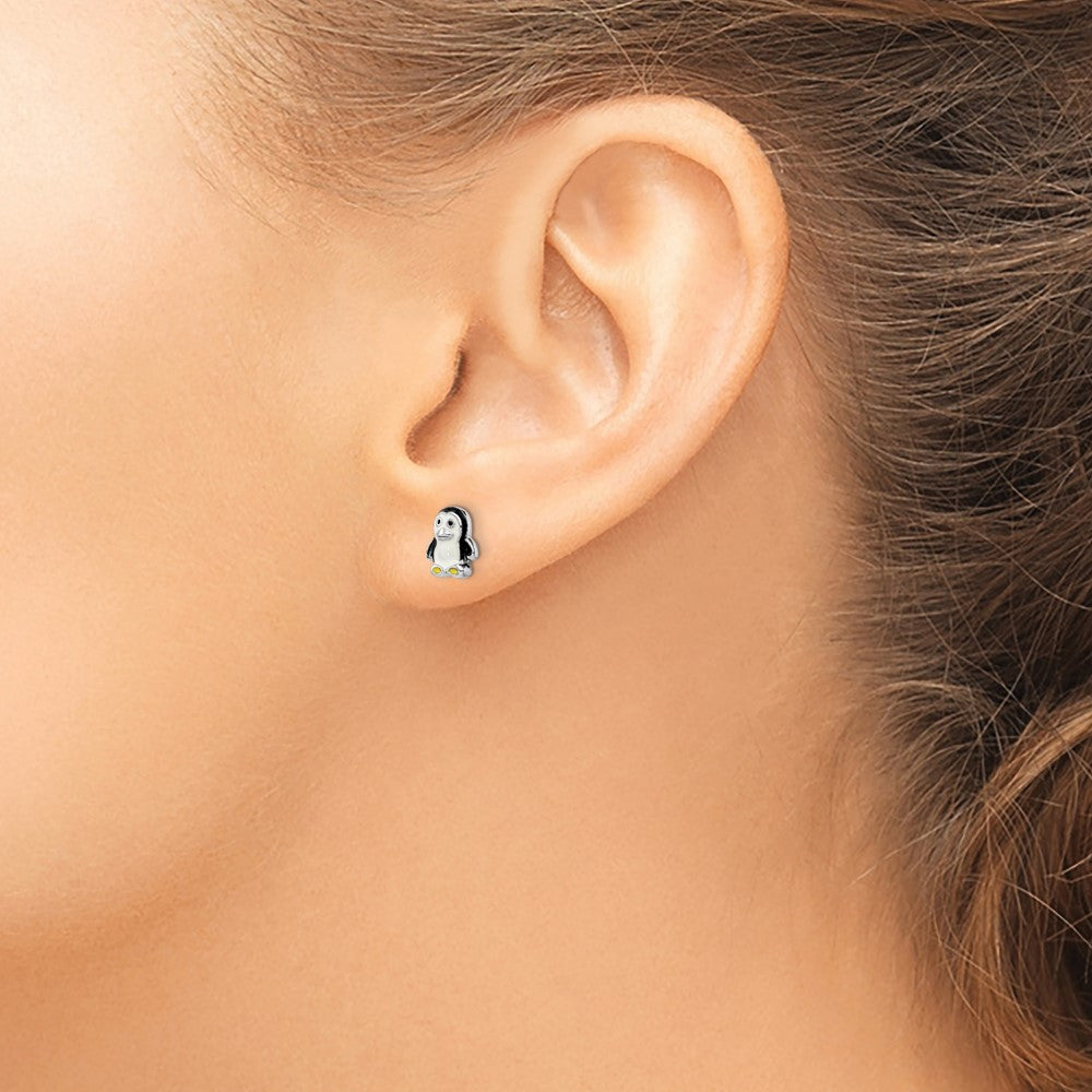 Sterling Silver Rhodium-plated Polished Multi-color Enameled Penguin Children's Post Earrings