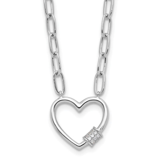 Sterling Silver RH-plated CZ Heart Paperclip Link 16in w/2in ext Necklace 16 Inches