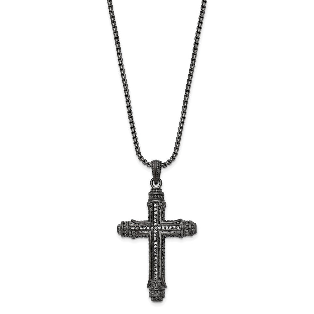 Stainless Steel Brushed & Polished Gun Metal IP CZ Cross Necklace