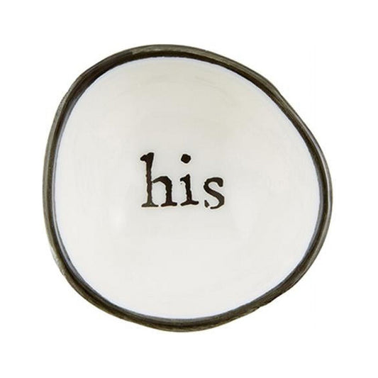 2" Handmade White Ceramic Ring Holder Dish with "His" Design