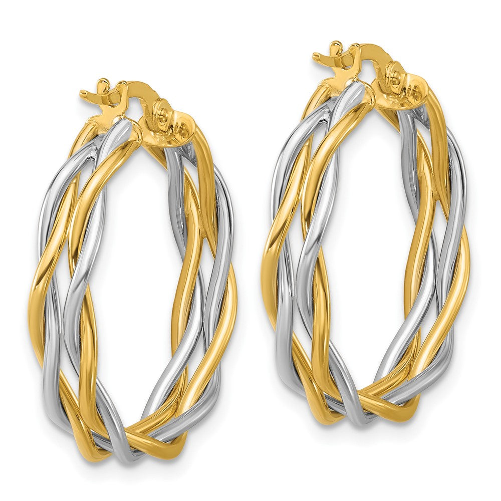 14K with Rhodium Polished Twisted Round Hoop Earrings