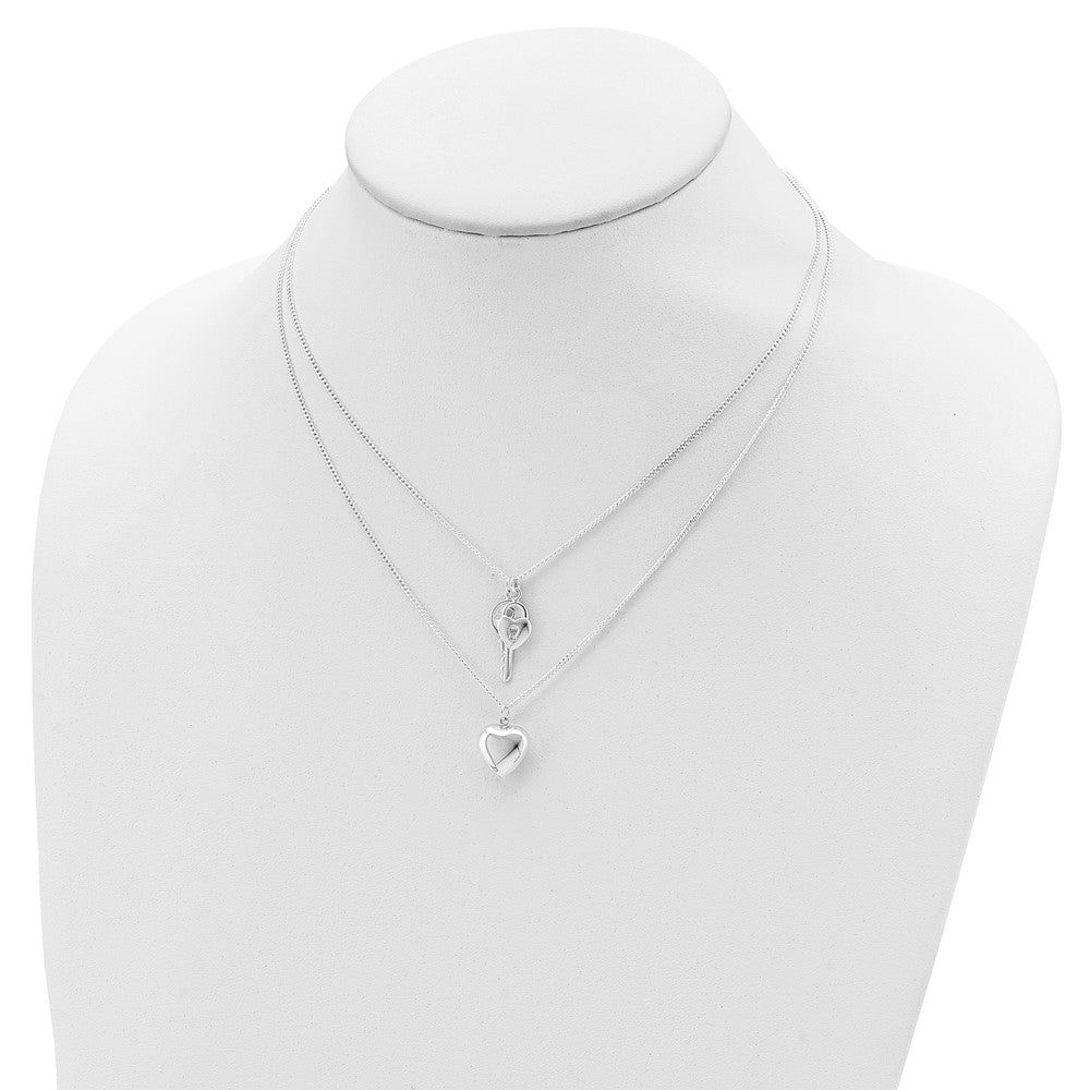 Sterling Silver 2-Strand Heart and Key Necklace 18 Inches