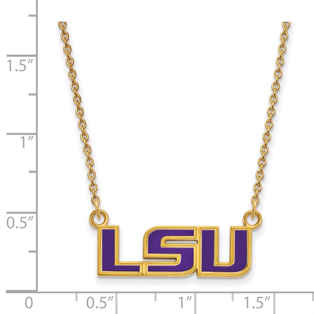 Sterling Silver Gold-plated LogoArt Louisiana State University L-S-U Small Enameled Pendant 18 inch Necklace Q-GP088LSU-18