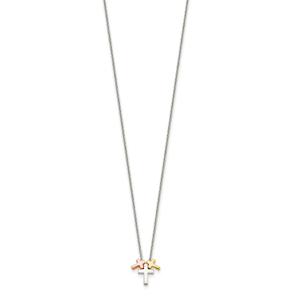 Sterling Silver Rose and Gold-tone 3-Cross w/ 2in ext. Necklace 16 Inches