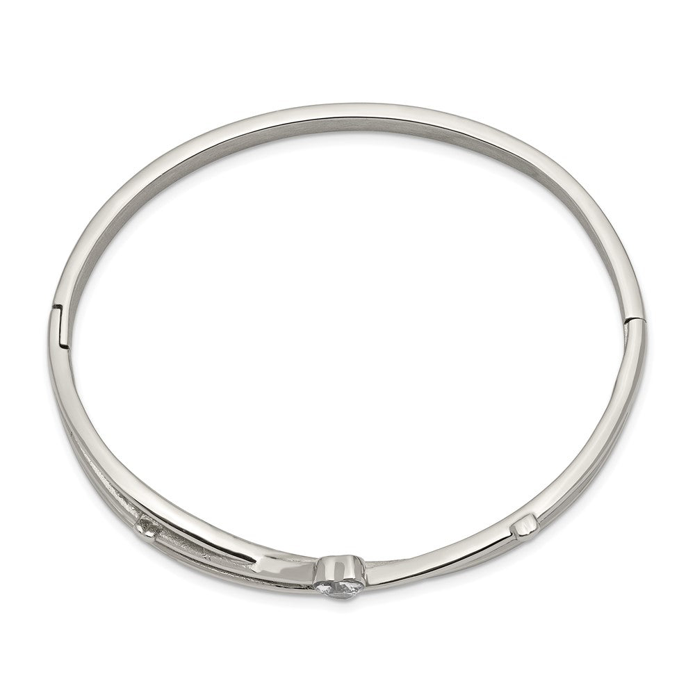 Stainless Steel Polished Heart CZ Hinged Bangle 6.75 inches