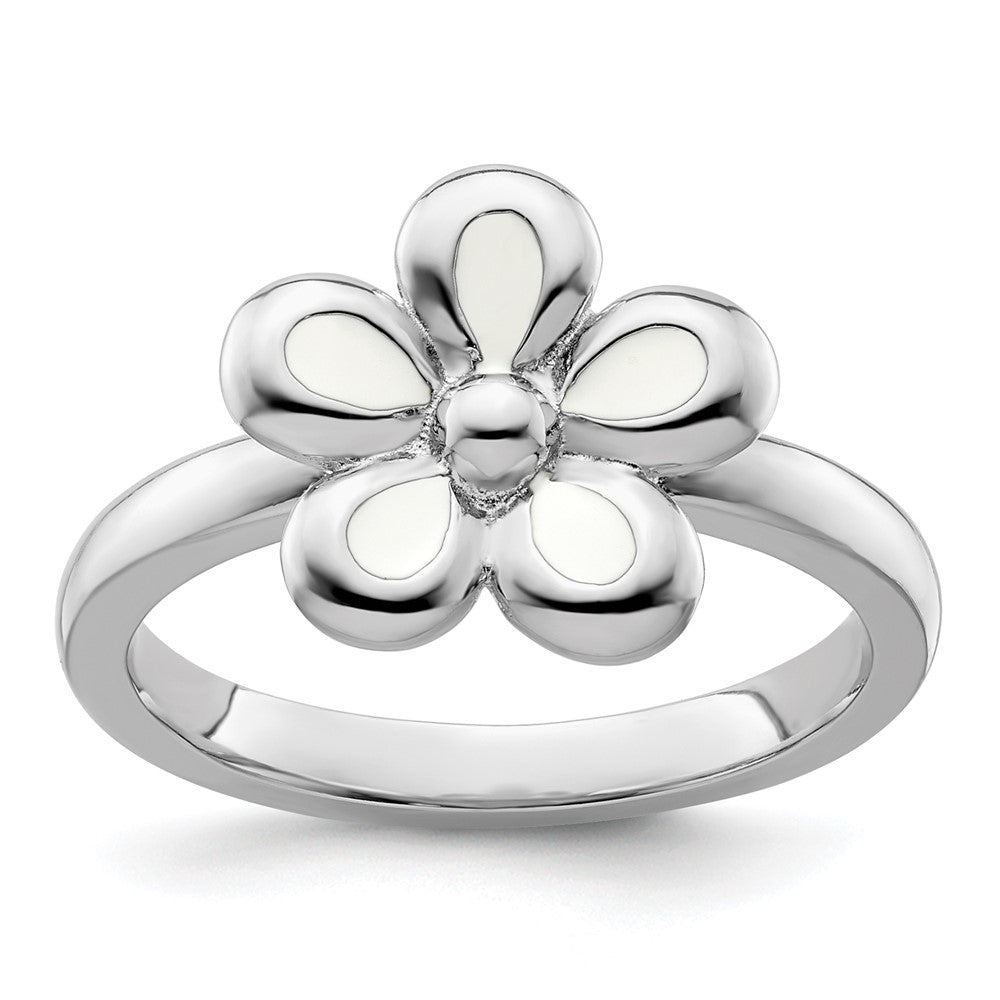 Sterling Silver Stackable Expressions Polished White Enameled Flower Ring Size -5