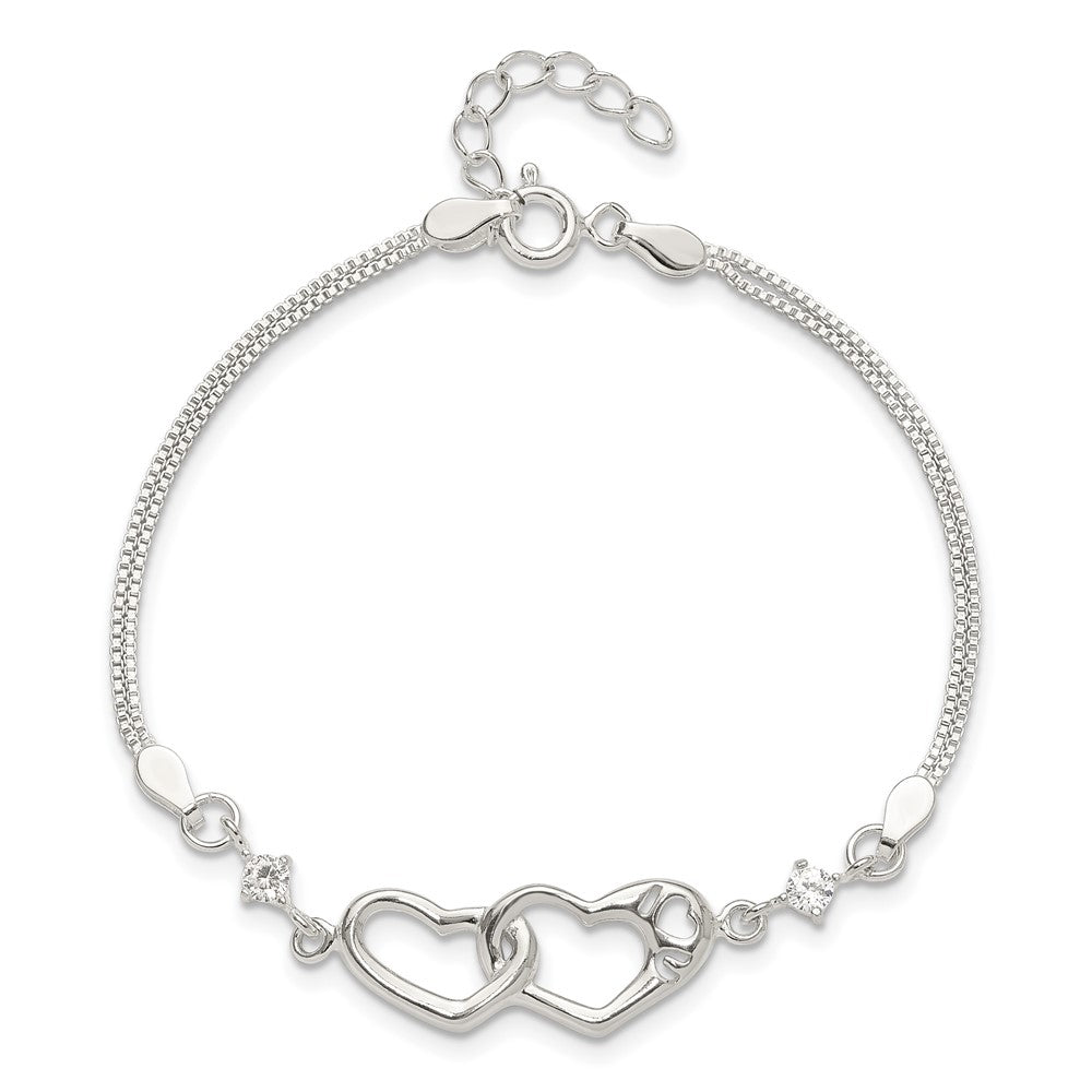 Sterling Silver Rhodium-plated Polished CZ I Heart You w/1in ext Bracelet