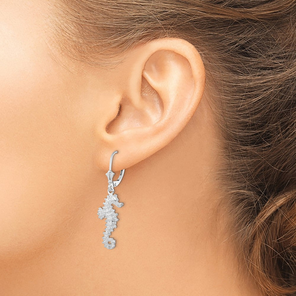 De-Ani Sterling Silver Rhodium-Plated Polished 3D Seahorse Leverback Earrings