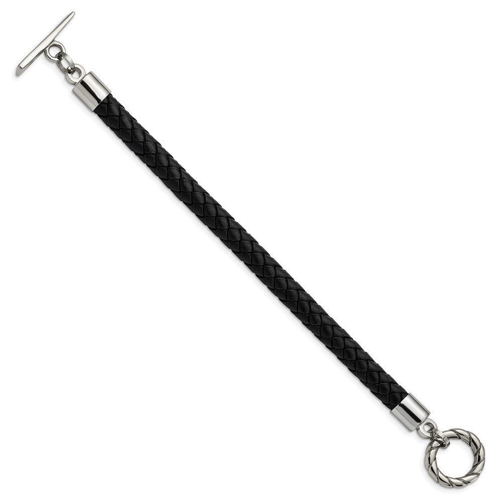 Stainless Steel Polished Black Leather Toggle 8.5in Bracelet 8.5 inches