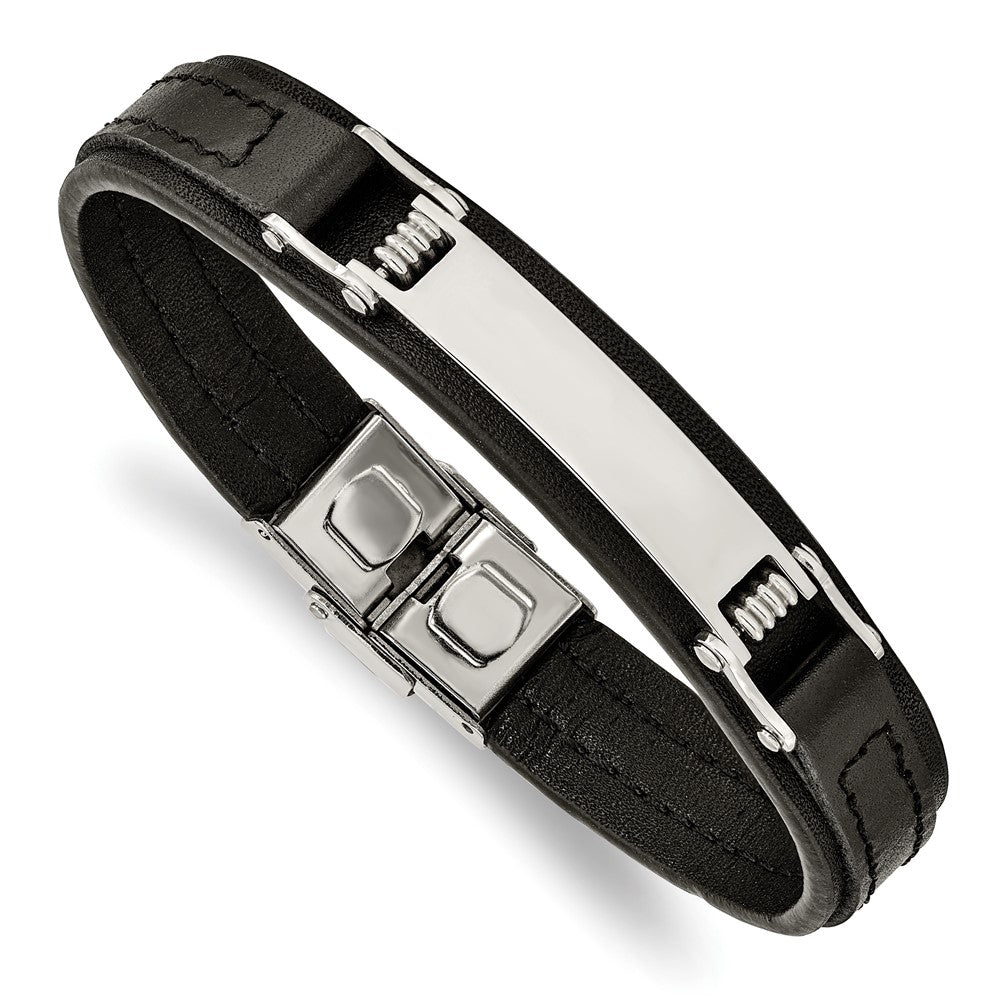 Stainless Steel Polished Black Leather 8.25in ID Bracelet 8.25 inches