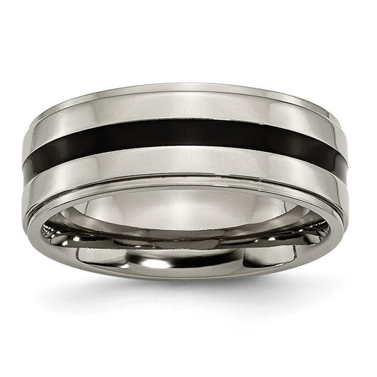 Titanium Polished Black Enamel 8mm Ridged Edge Band Size - 7