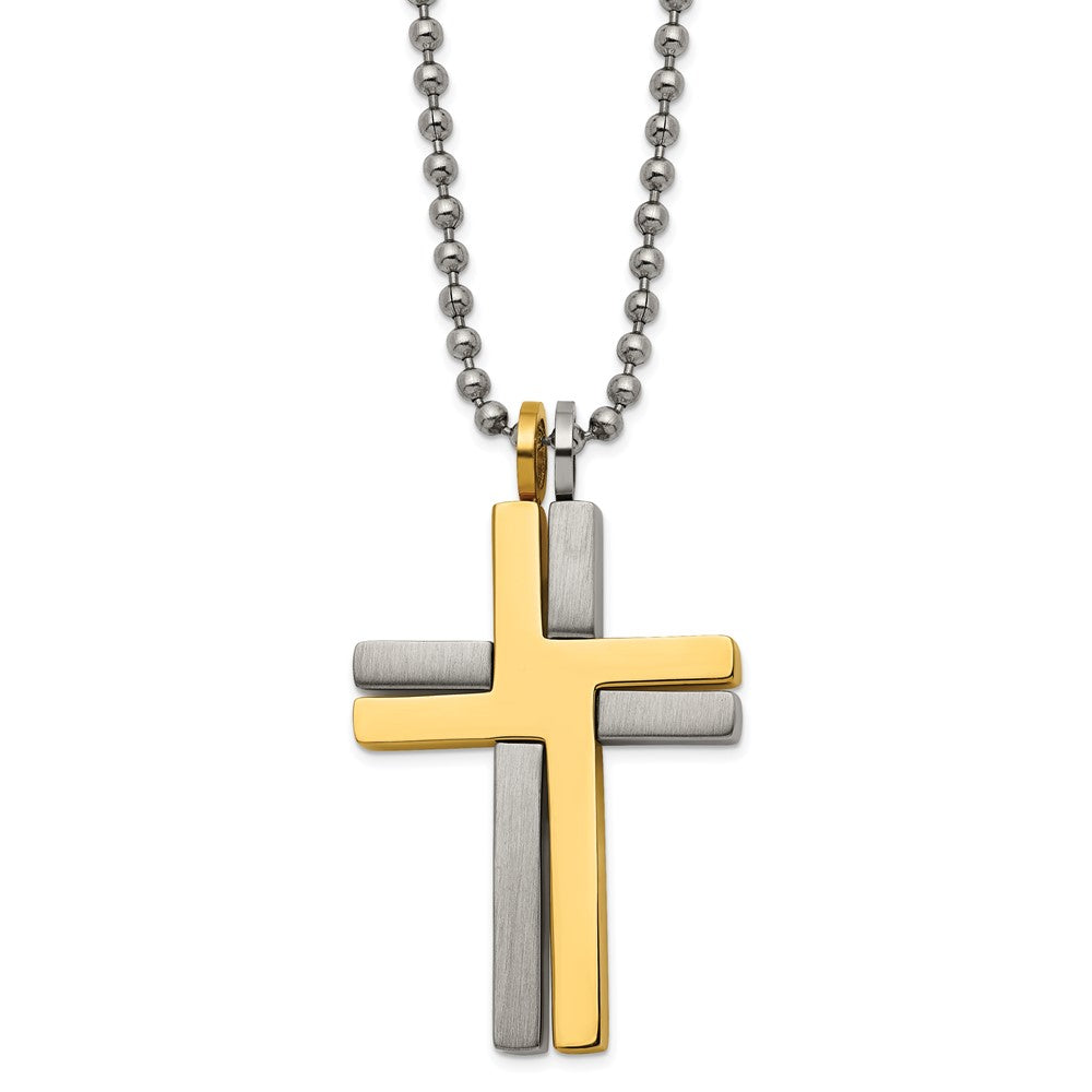 Titanium Brushed & Polished Yellow IP 22in Cross Necklace