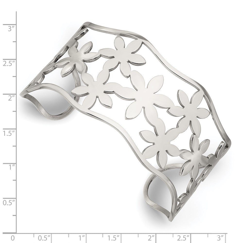 Stainless Steel Polished Flowers Cuff Bangle 7 inches