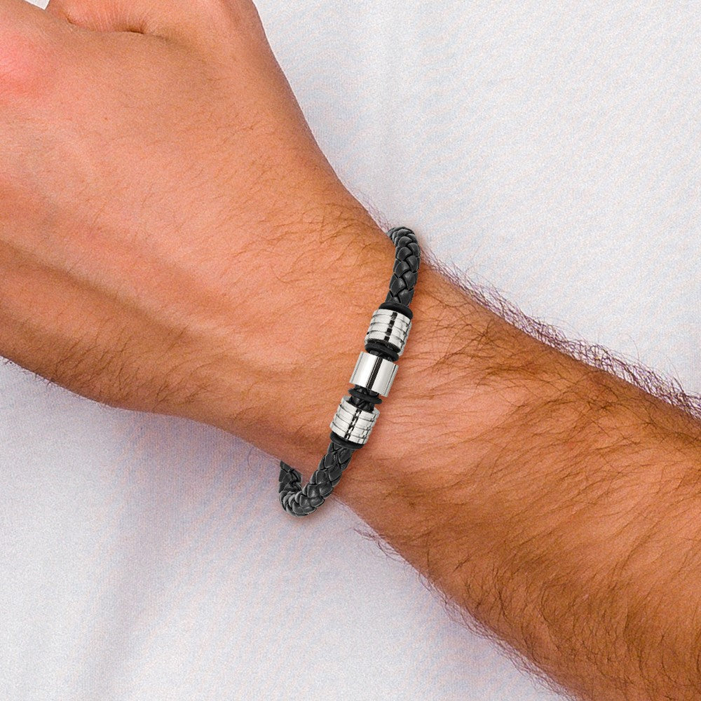 Stainless Steel Brushed and Polished Leather 8.5in Bracelet 8.5 inches