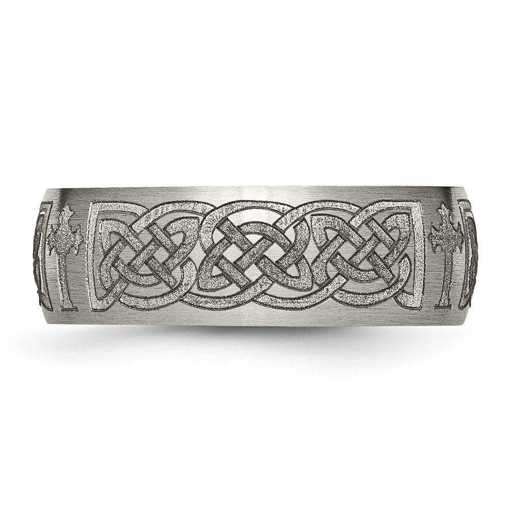 Titanium Brushed Celtic Cross Laser Design 8mm Band Size - 12.5