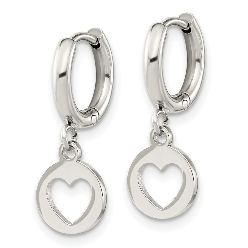 Stainless Steel Polished Cut Out Heart Dangle Hoop Earrings