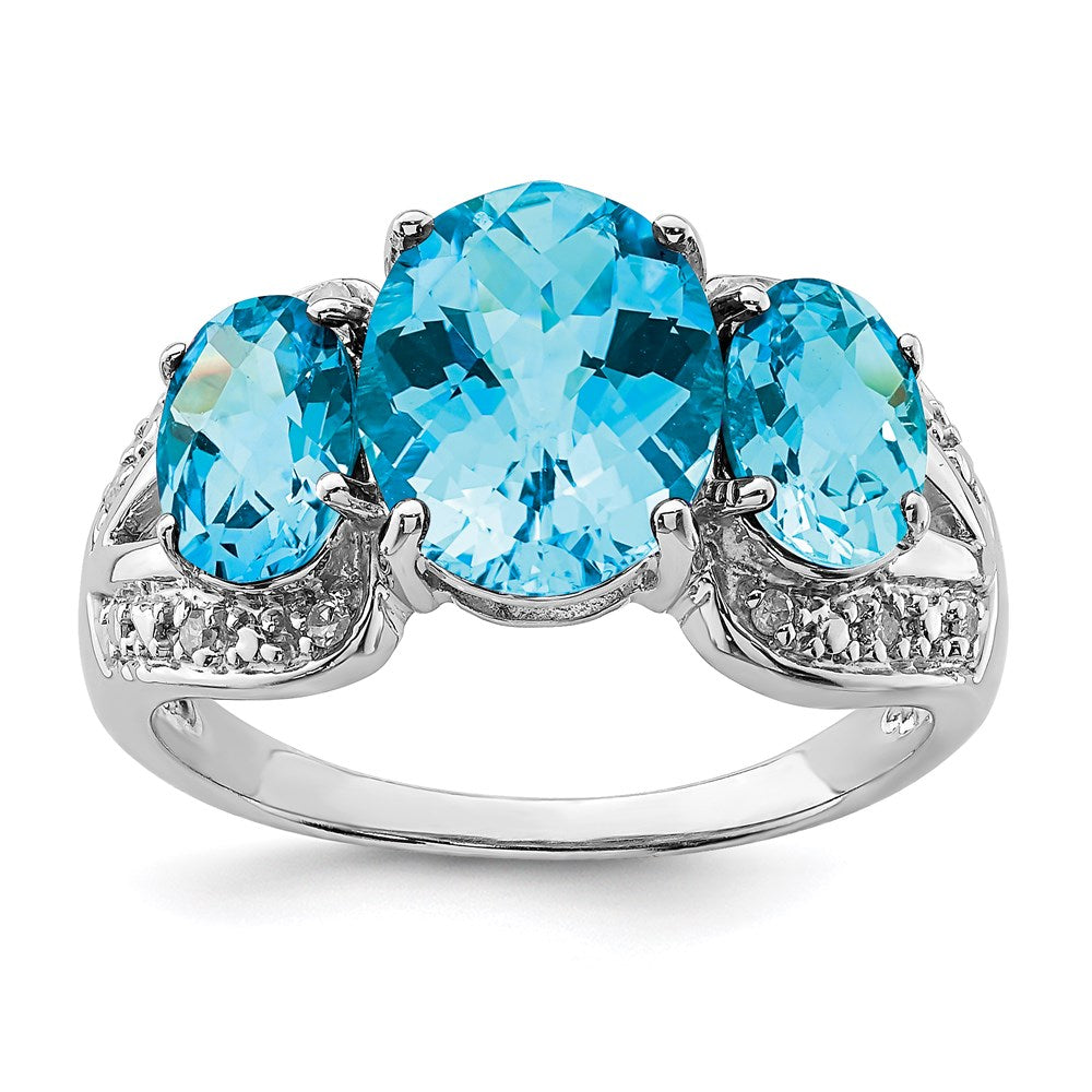 Sterling Silver Rhodium Oval Checker-Cut Blue Topaz & Diam. Ring