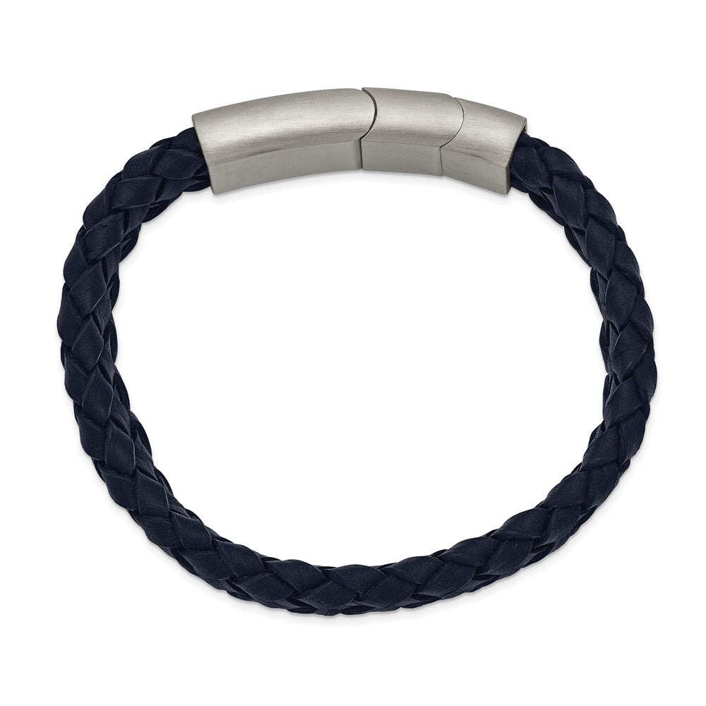 Stainless Steel Brushed Navy Braided Leather 8.25in w/.5in ext Bracelet 8.25 inches