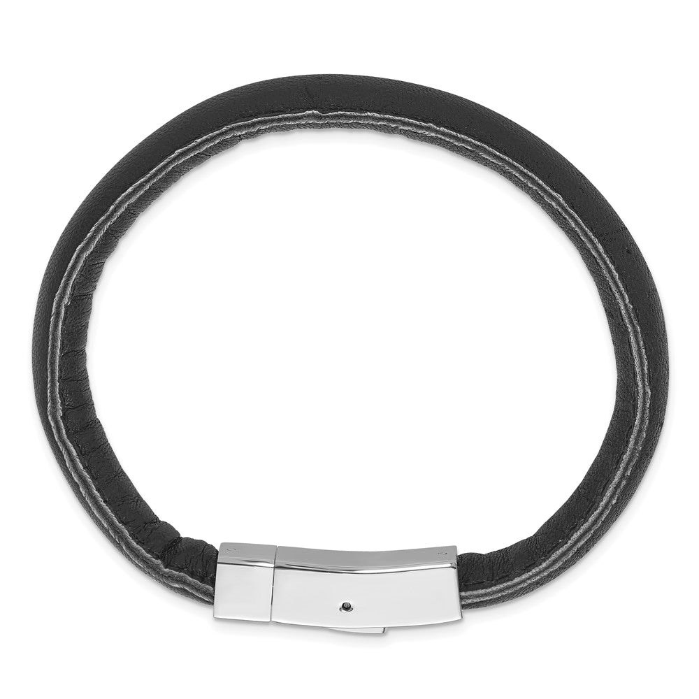 Stainless Steel Polished Black Leather Bracelet Push Plate and Deployme
