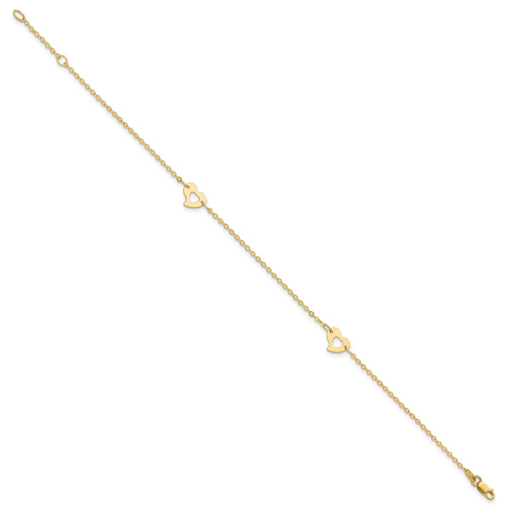 14k Polished Heart 9in Plus 1in ext Anklet 10 inches