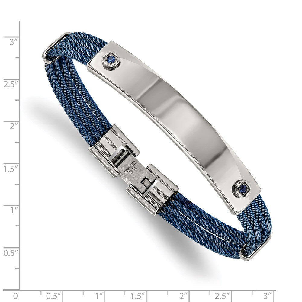 Stainless Steel Polished Blue IP-plated Cable Blue CZ 7.25in ID Bracelet 7.25 inches