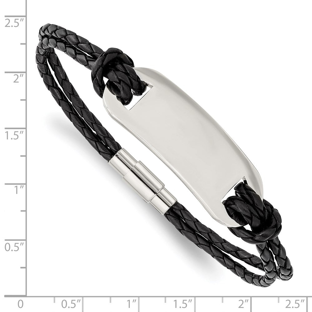 Stainless Steel Polished Black Woven Leather 8.25in Bracelet 8.25 inches