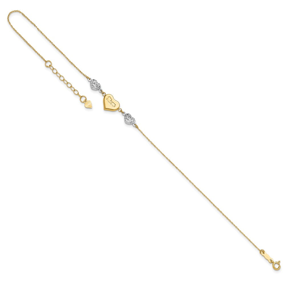 14K Two-tone Diamond-cut Puffed Hearts MOM 9in Plus 1in ext Anklet