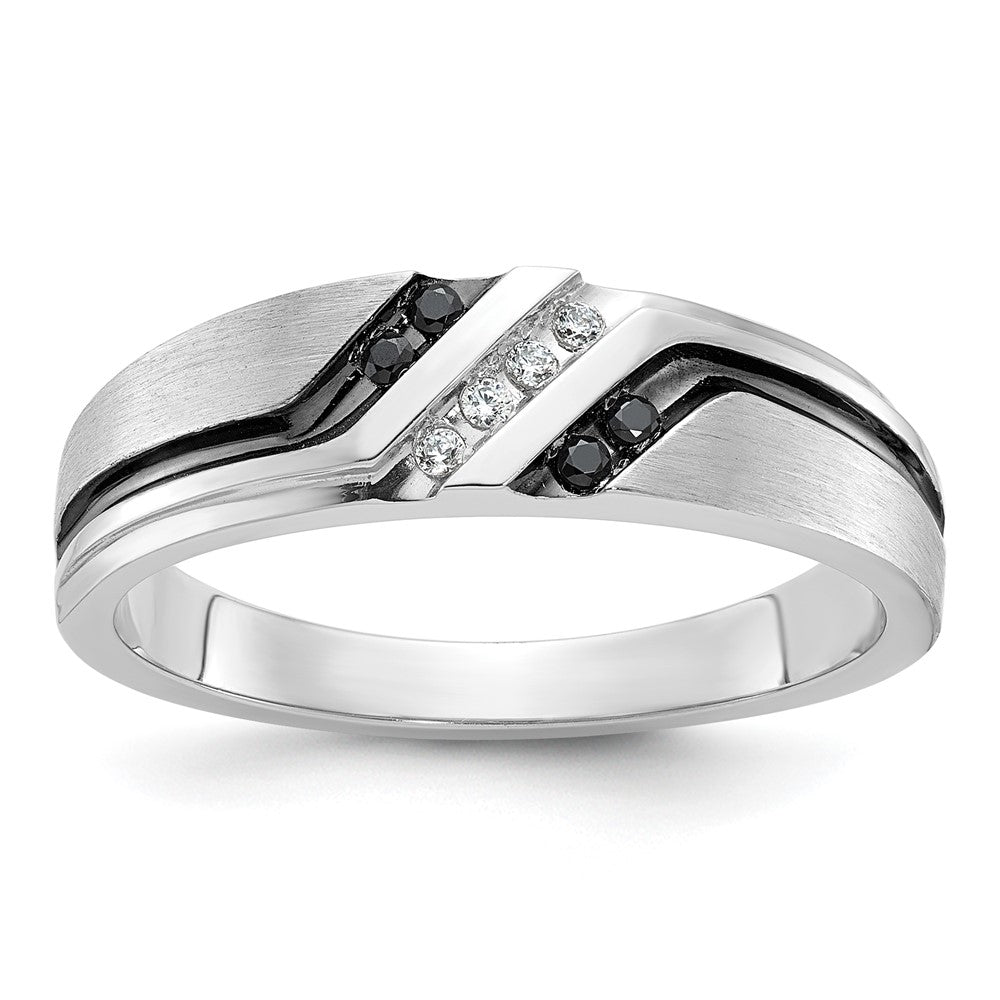 IBGoodman 14k White Gold 1/8 carat Lab Grown Diamond VS/SI+ G+ and 1/8 carat Black Mined Diamonds Complete Polished Satin and Grooved Men's Ring