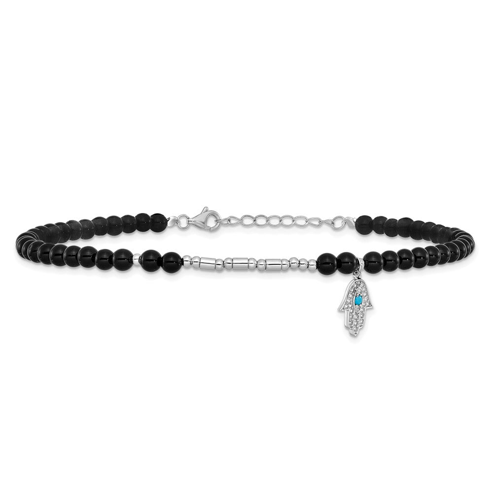 Cheryl M Sterling Silver Rhodium-plated Polished Onyx Crystal and CZ Hamsa 9.5 Inch with 1 Inch Extension Anklet 9.5 inches